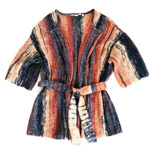 NEW Soft Surroundings Belted Nubby Knit Striped Sweater 1X Blue Gold Brick